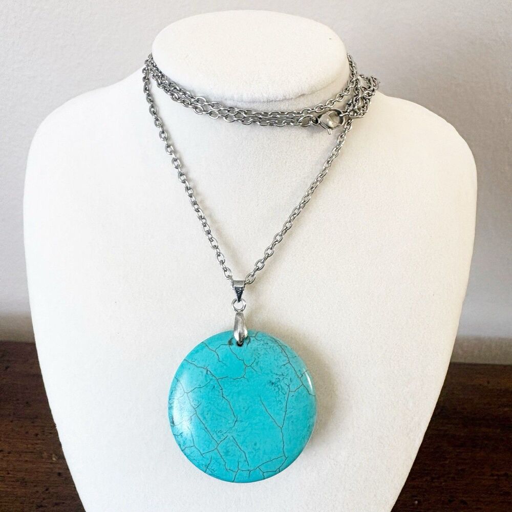 Round Blue Pendant Long Necklace Silver Tone Lobster Clasp 26” Artsy BOHO West